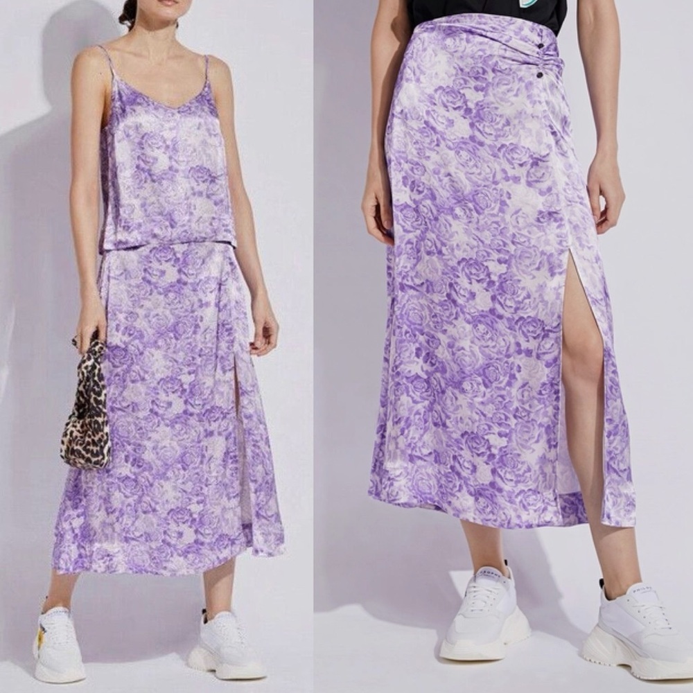 Ganni Floral Printed Midi Skirt & Cami Top Set in Violet